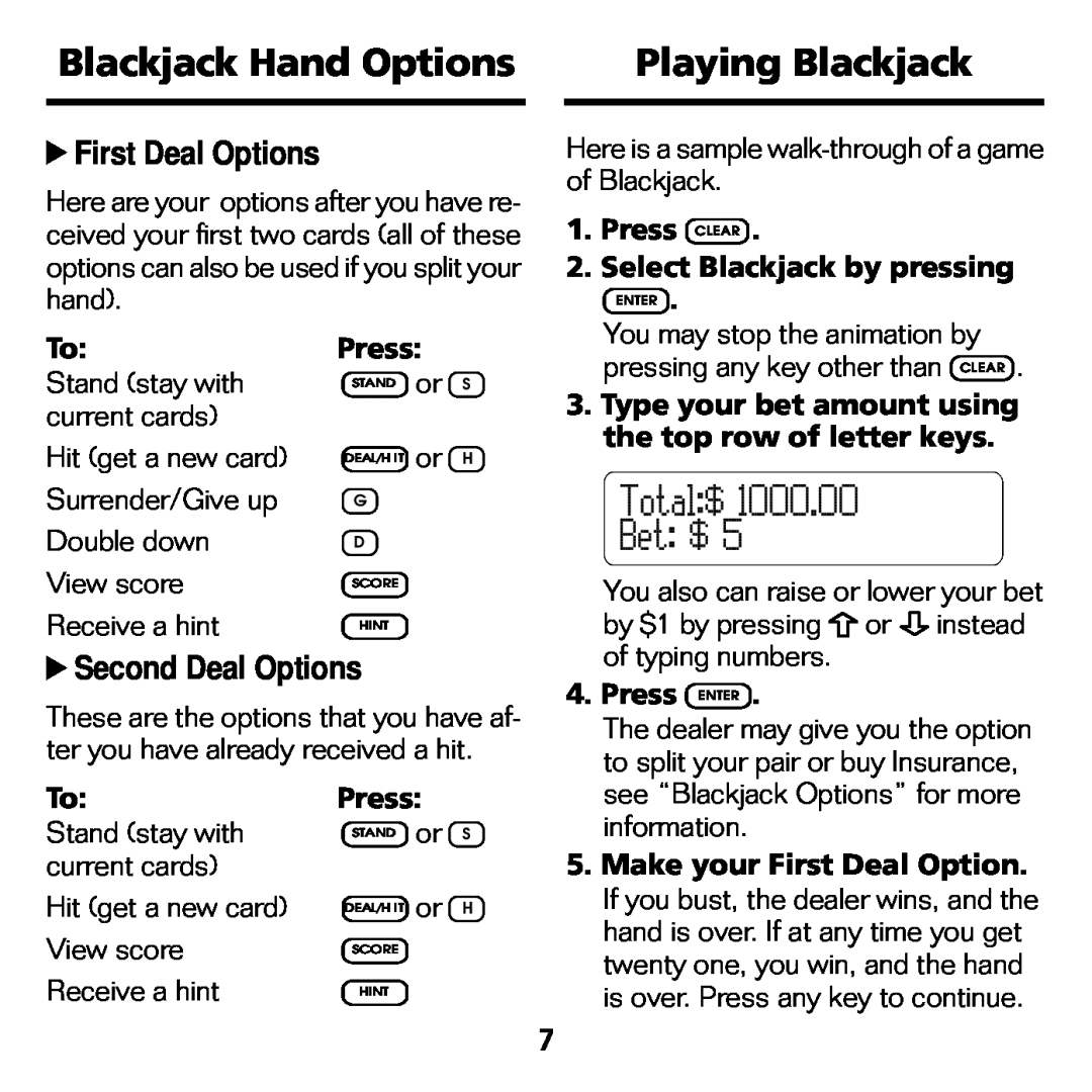 Franklin BJP-2034 manual Blackjack Hand Options, Playing Blackjack, First Deal Options, Second Deal Options 