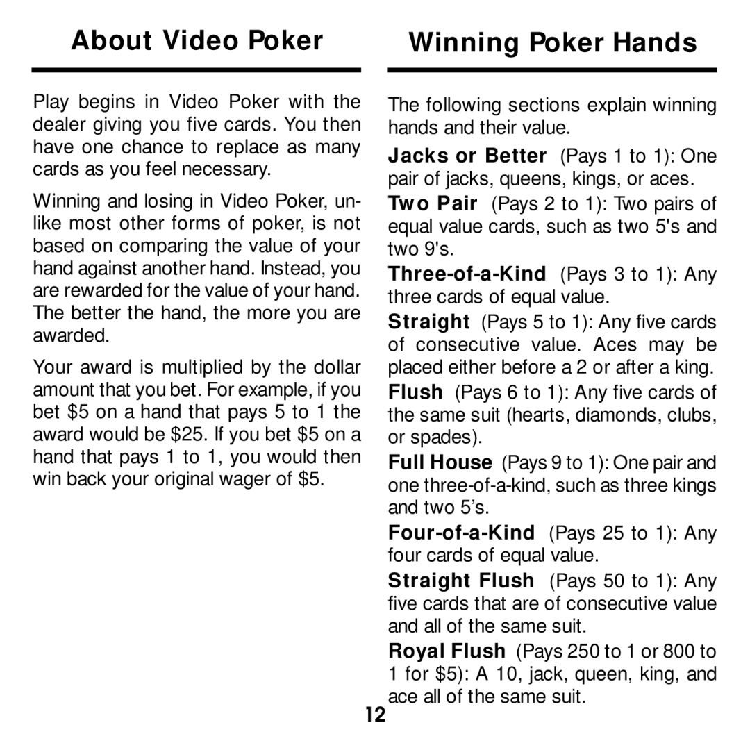 Franklin BJP-2034 manual About Video Poker Winning Poker Hands 