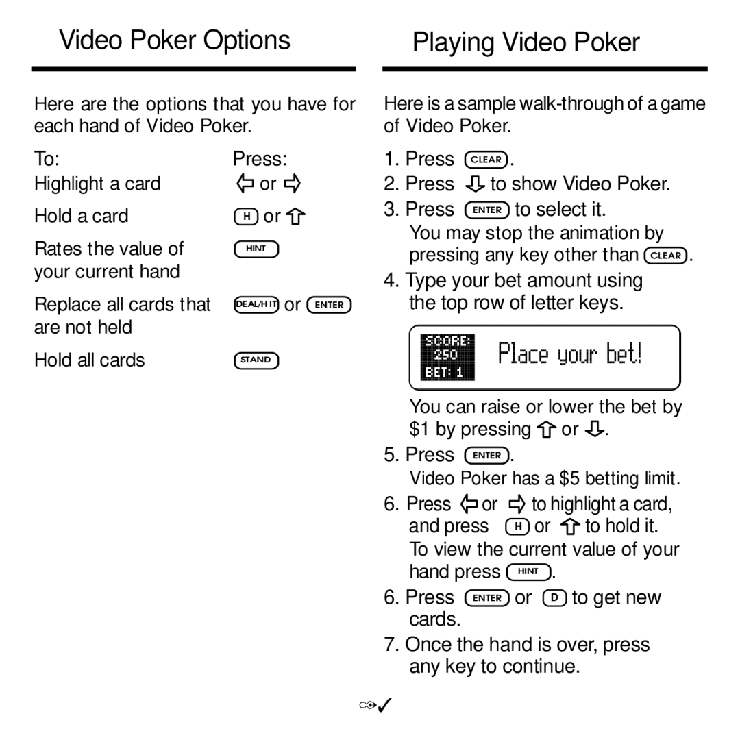 Franklin BJP-2034 manual Video Poker Options Playing Video Poker, Press or to highlight a card Press H or to hold it 