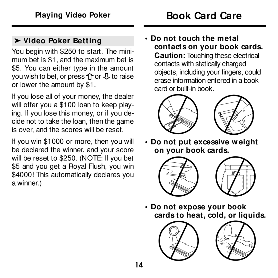 Franklin BJP-2034 manual Book Card Care, Playing Video Poker Video Poker Betting 