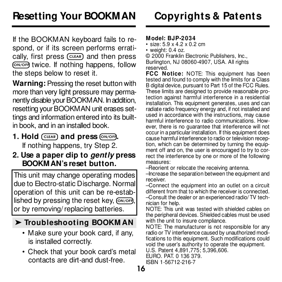 Franklin BJP-2034 manual Resetting Your Bookman Copyrights & Patents, Troubleshooting Bookman 