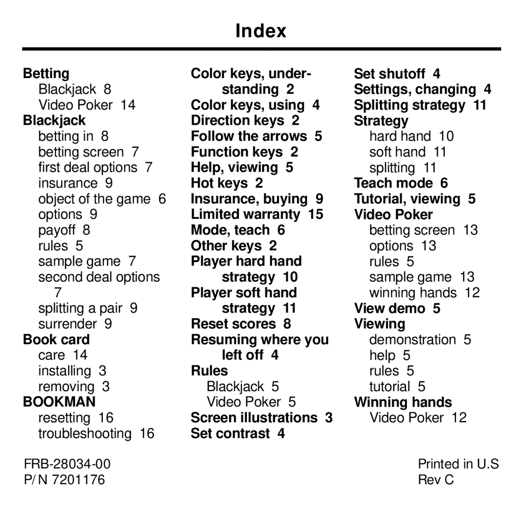 Franklin BJP-2034 manual Index, Bookman 