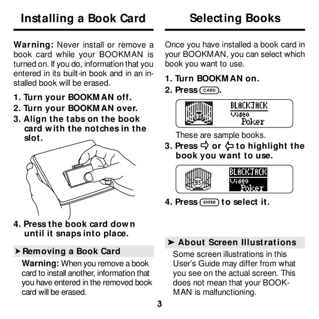 Franklin BJP-2034 manual Installing a Book Card Selecting Books, Turn Bookman on Press Card 