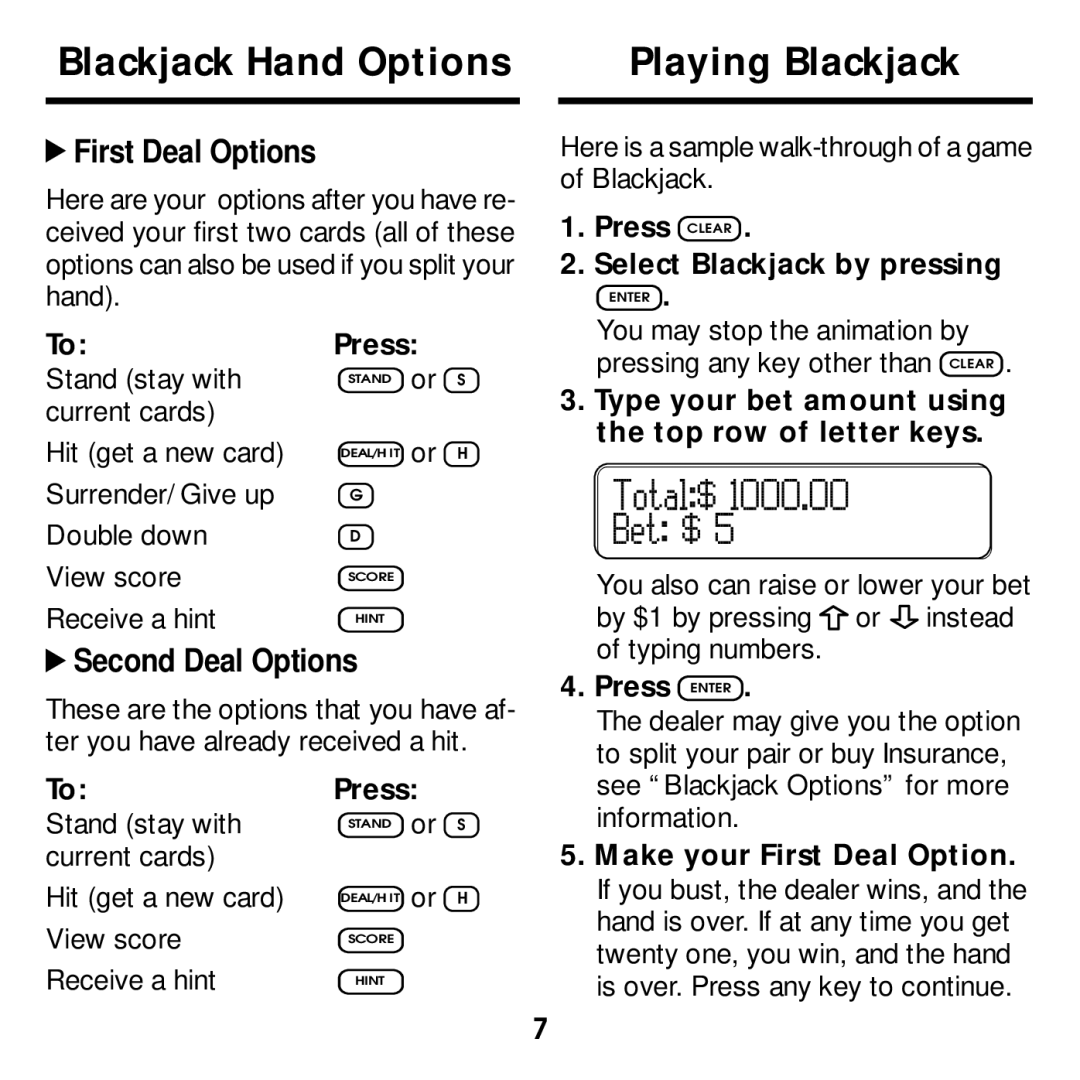 Franklin BJP-2034 manual Blackjack Hand Options Playing Blackjack 