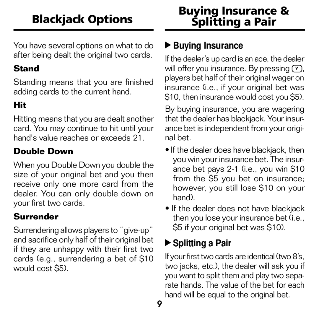 Franklin BJP-2034 manual Blackjack Options, Buying Insurance Splitting a Pair 