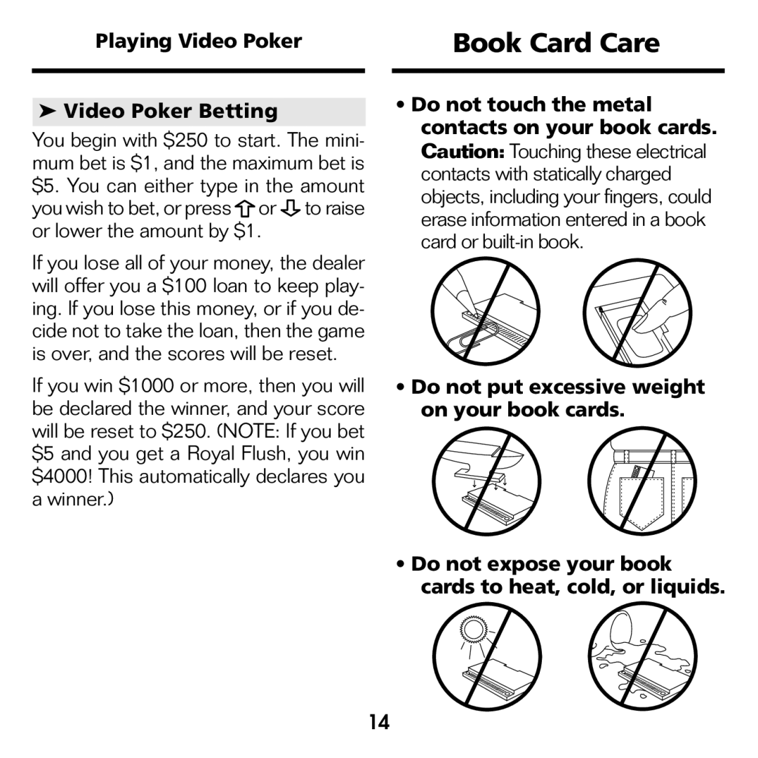 Franklin BJP-2034 manual Book Card Care, Playing Video Poker Video Poker Betting 