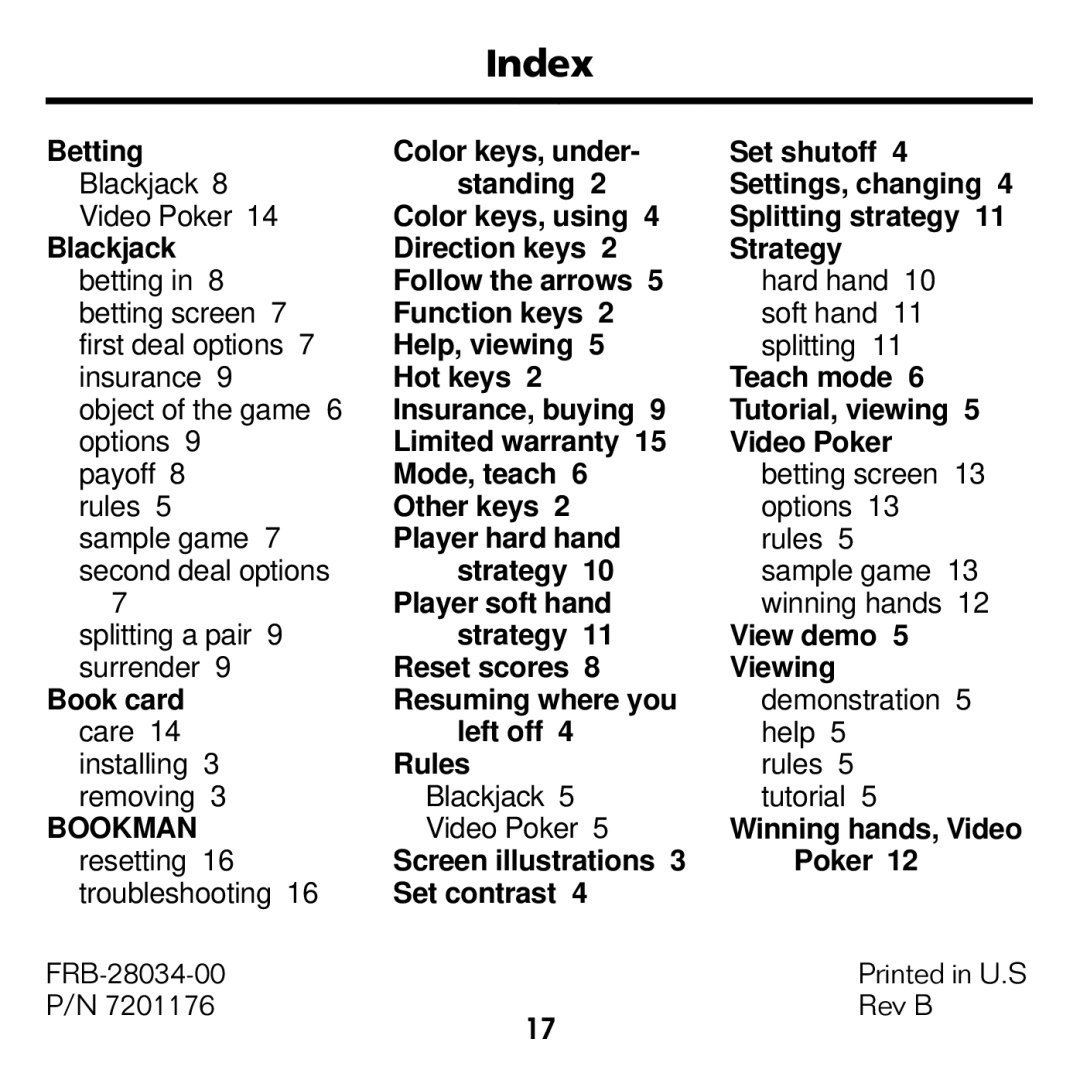 Franklin BJP-2034 manual Index, Bookman 