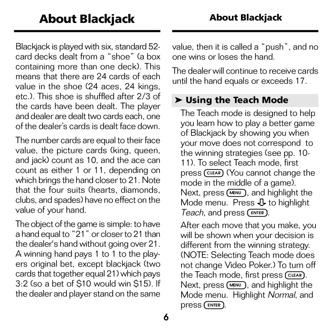 Franklin BJP-2034 manual About Blackjack, Using the Teach Mode 