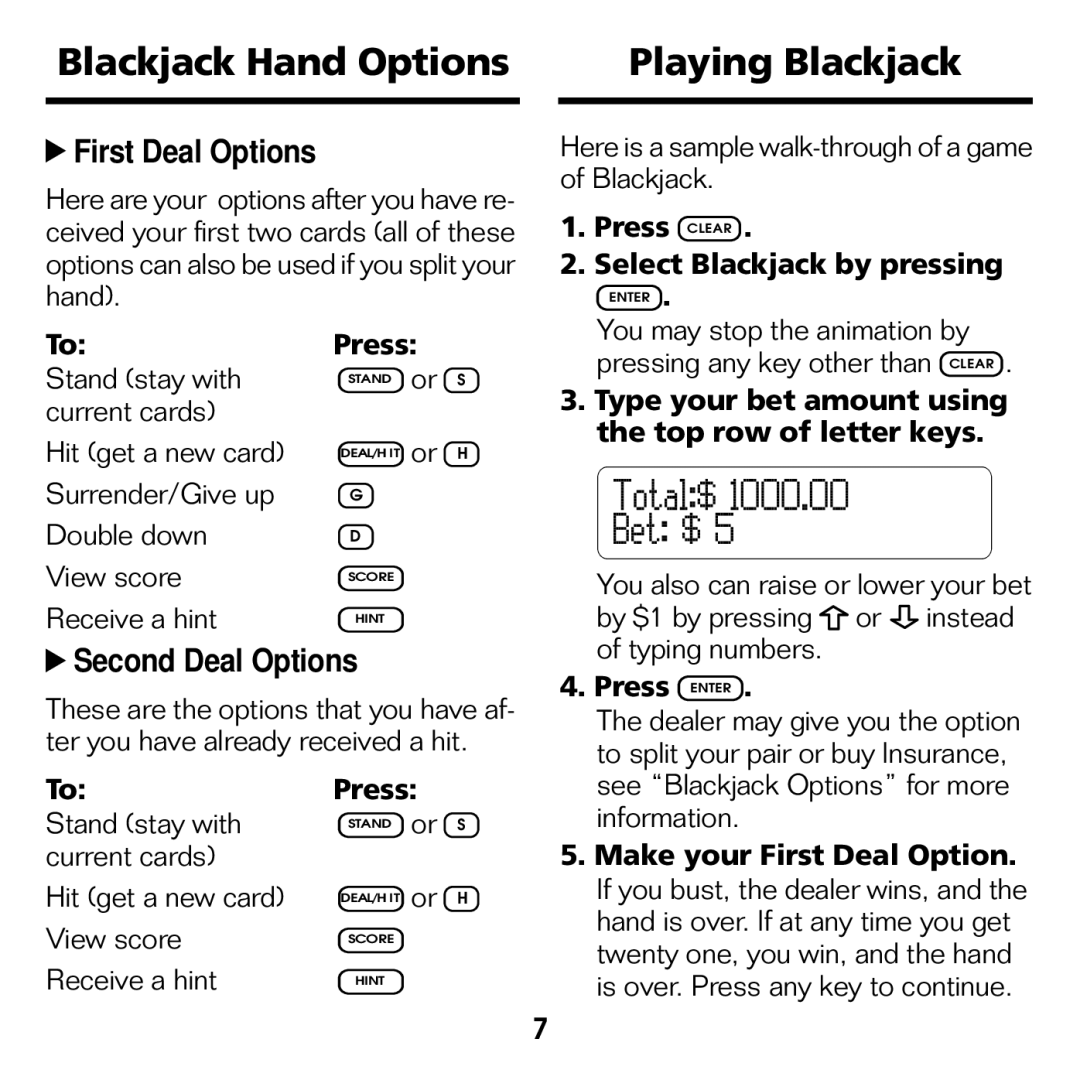 Franklin BJP-2034 manual Blackjack Hand Options Playing Blackjack 