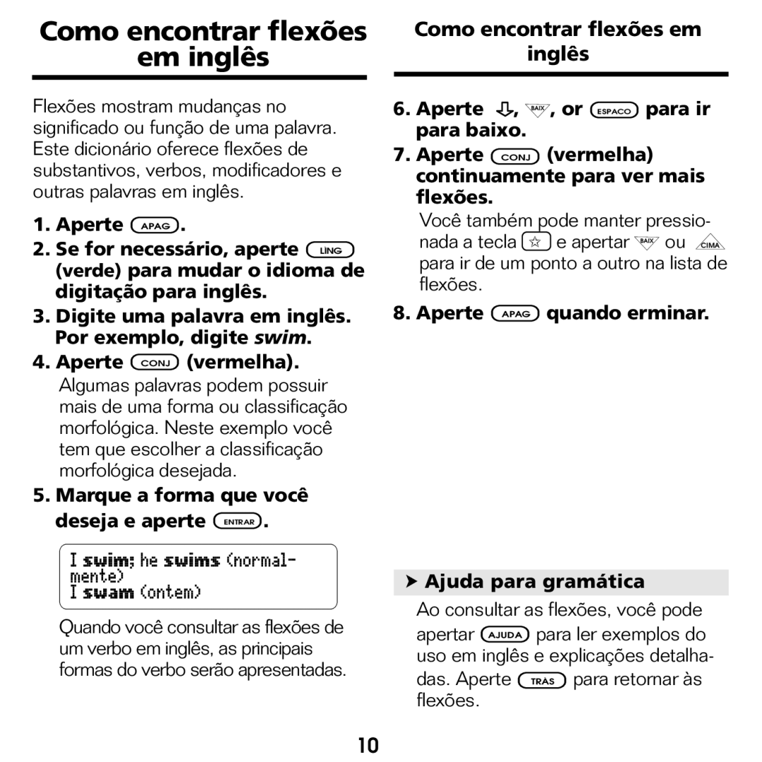 Franklin BPS-840 manual Como encontrar flexões Em inglês, Como encontrar flexões em Inglês 