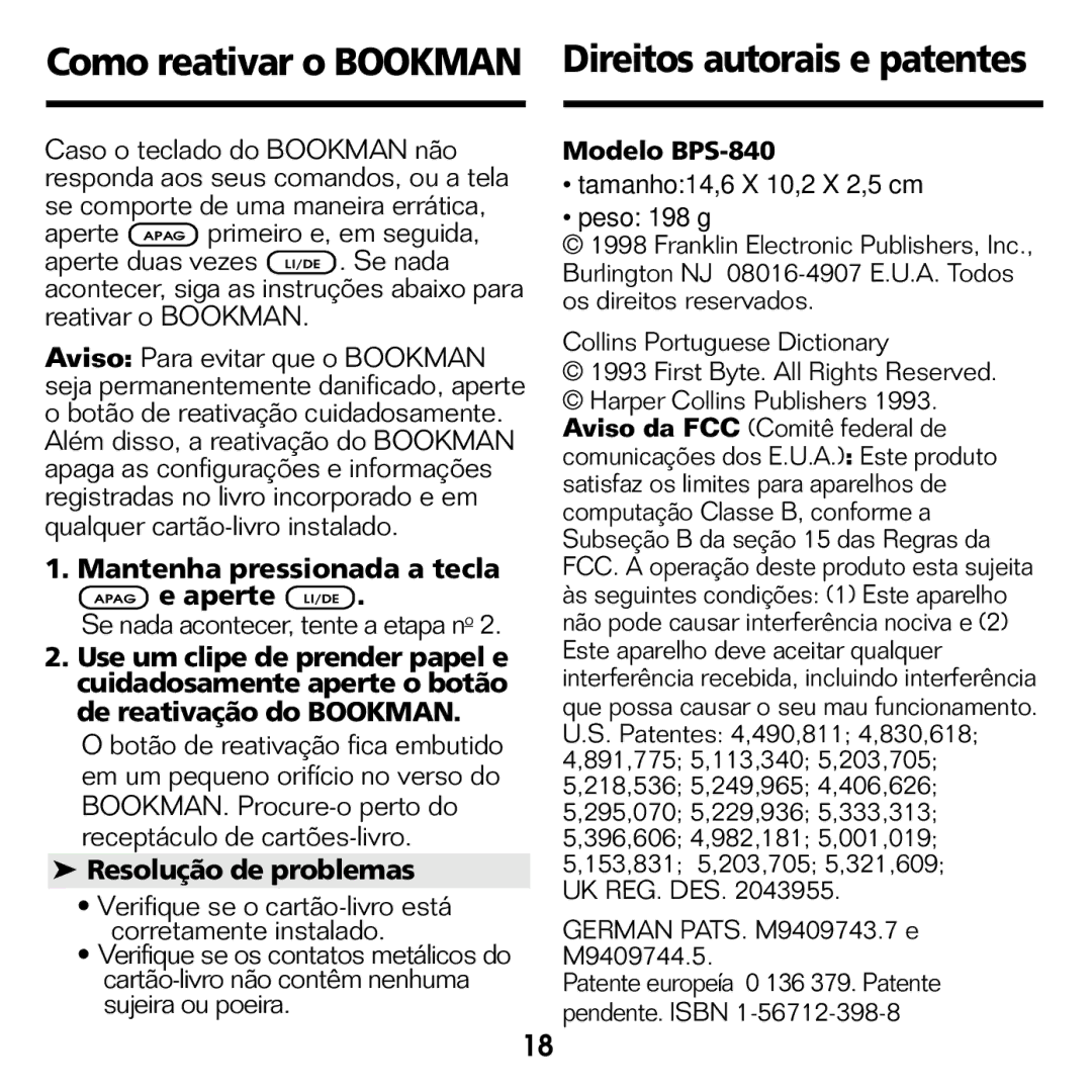 Franklin manual Como reativar o Bookman Direitos autorais e patentes, Resolução de problemas, Modelo BPS-840 