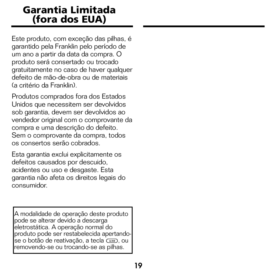 Franklin BPS-840 manual Garantia Limitada Fora dos EUA 