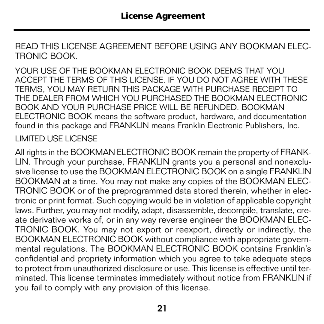 Franklin BPS-840 manual License Agreement, Limited USE License 