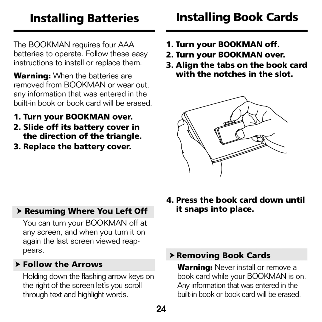 Franklin BPS-840 manual Installing Batteries Installing Book Cards, Follow the Arrows 