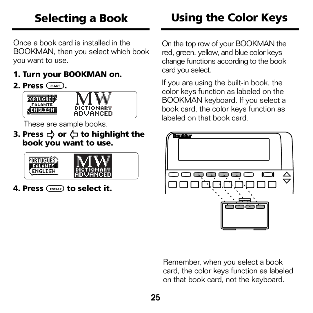 Franklin BPS-840 manual Selecting a Book Using the Color Keys, Turn your Bookman on Press Cart 