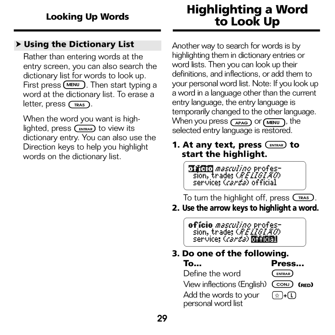 Franklin BPS-840 manual Highlighting a Word To Look Up, Using the Dictionary List, Do one of the following To...Press 