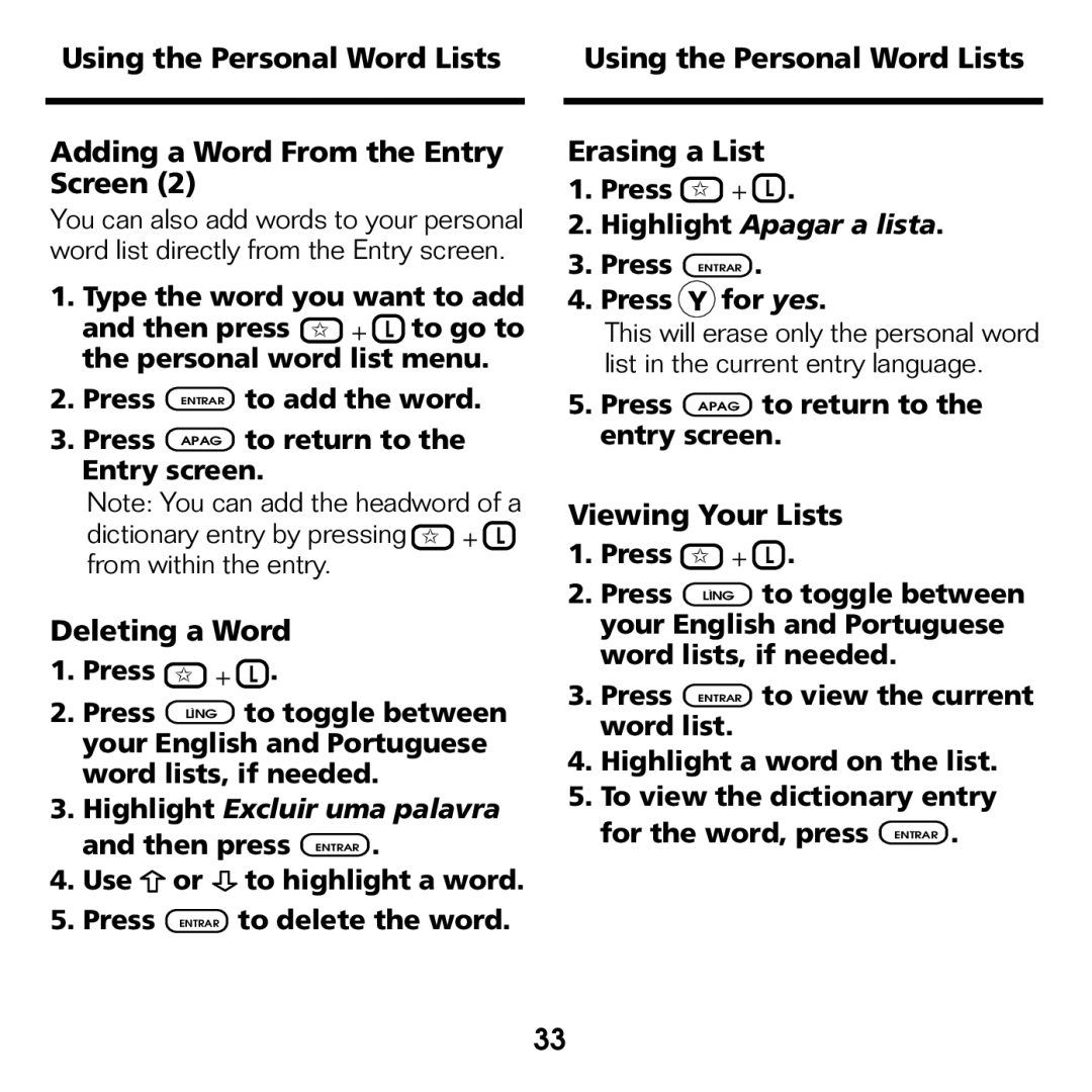 Franklin BPS-840 manual Deleting a Word, Using the Personal Word Lists Erasing a List, Viewing Your Lists 