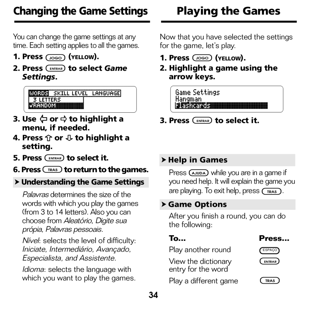 Franklin BPS-840 manual Playing the Games, Press Jogo Yellow Press Entrar to select Game, Game Options 