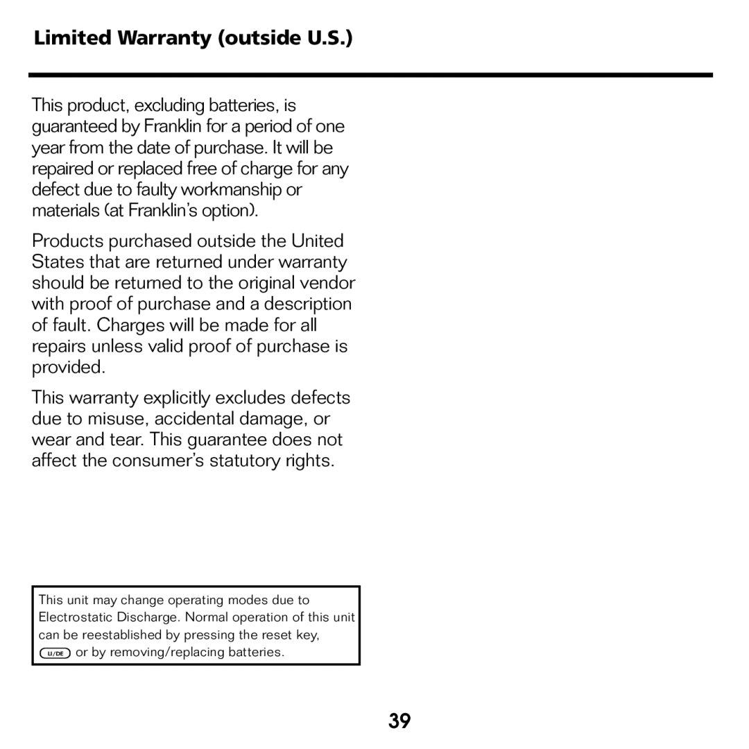 Franklin BPS-840 manual Limited Warranty outside U.S 