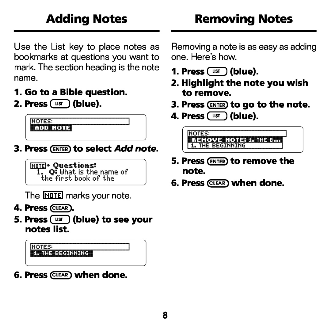 Franklin BQC-2021 manual Adding Notes, Removing Notes 