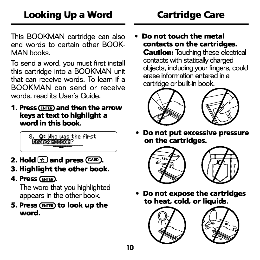 Franklin BQC-2021 manual Looking Up a Word, Cartridge Care 