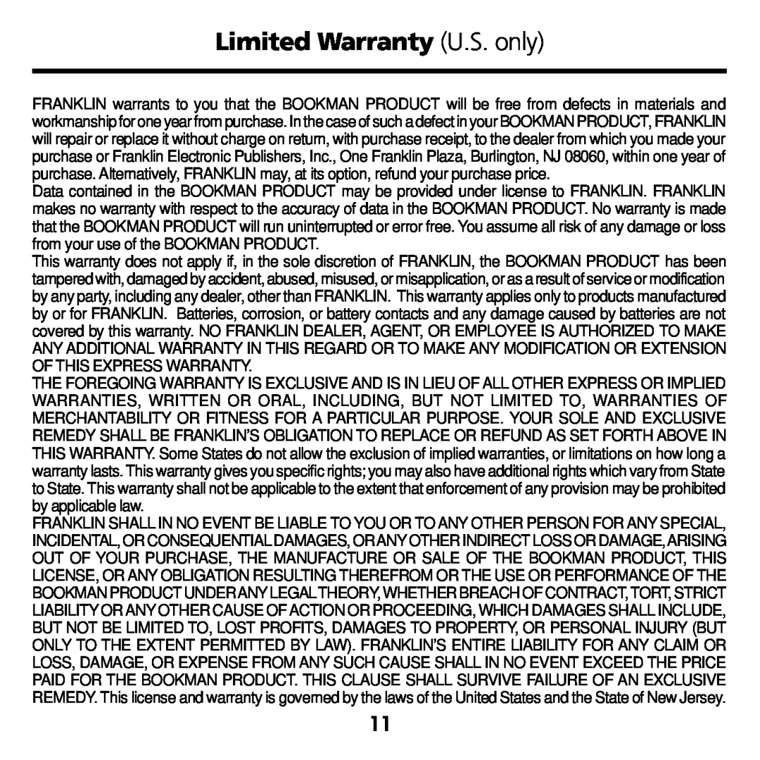 Franklin BQC-2021 manual Limited Warranty U.S. only 