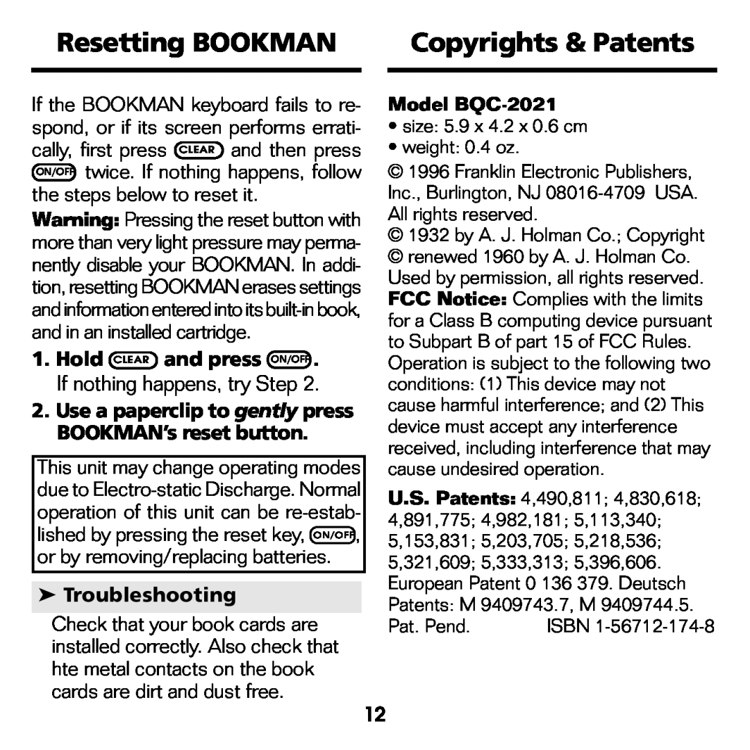 Franklin manual Resetting BOOKMAN, Copyrights & Patents, Troubleshooting, Model BQC-2021 