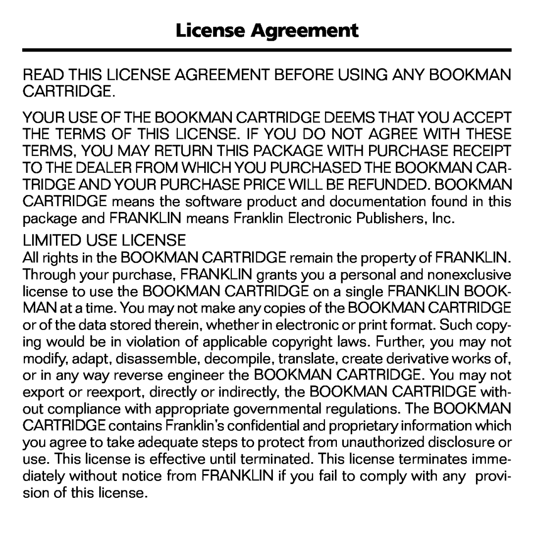 Franklin BQC-2021 manual License Agreement, Limited Use License 