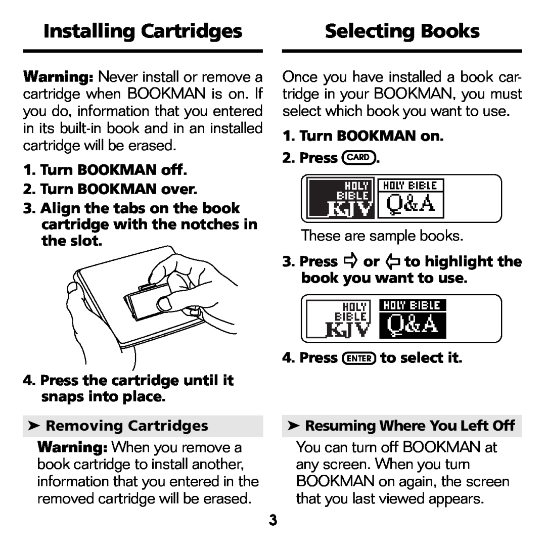 Franklin BQC-2021 manual Installing Cartridges, Selecting Books, These are sample books 