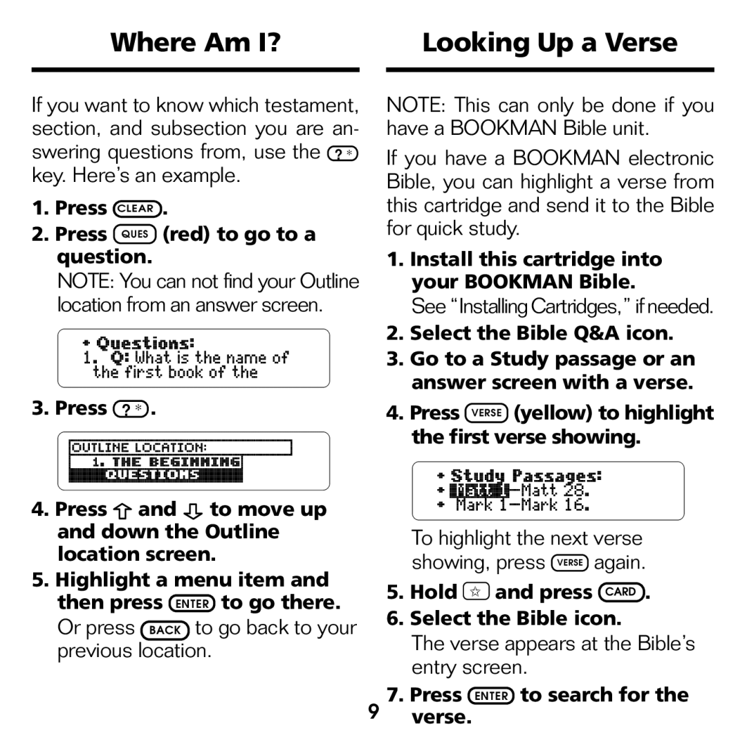 Franklin BQC-2021 manual Where Am I? Looking Up a Verse, Verse appears at the Bible’s entry screen 