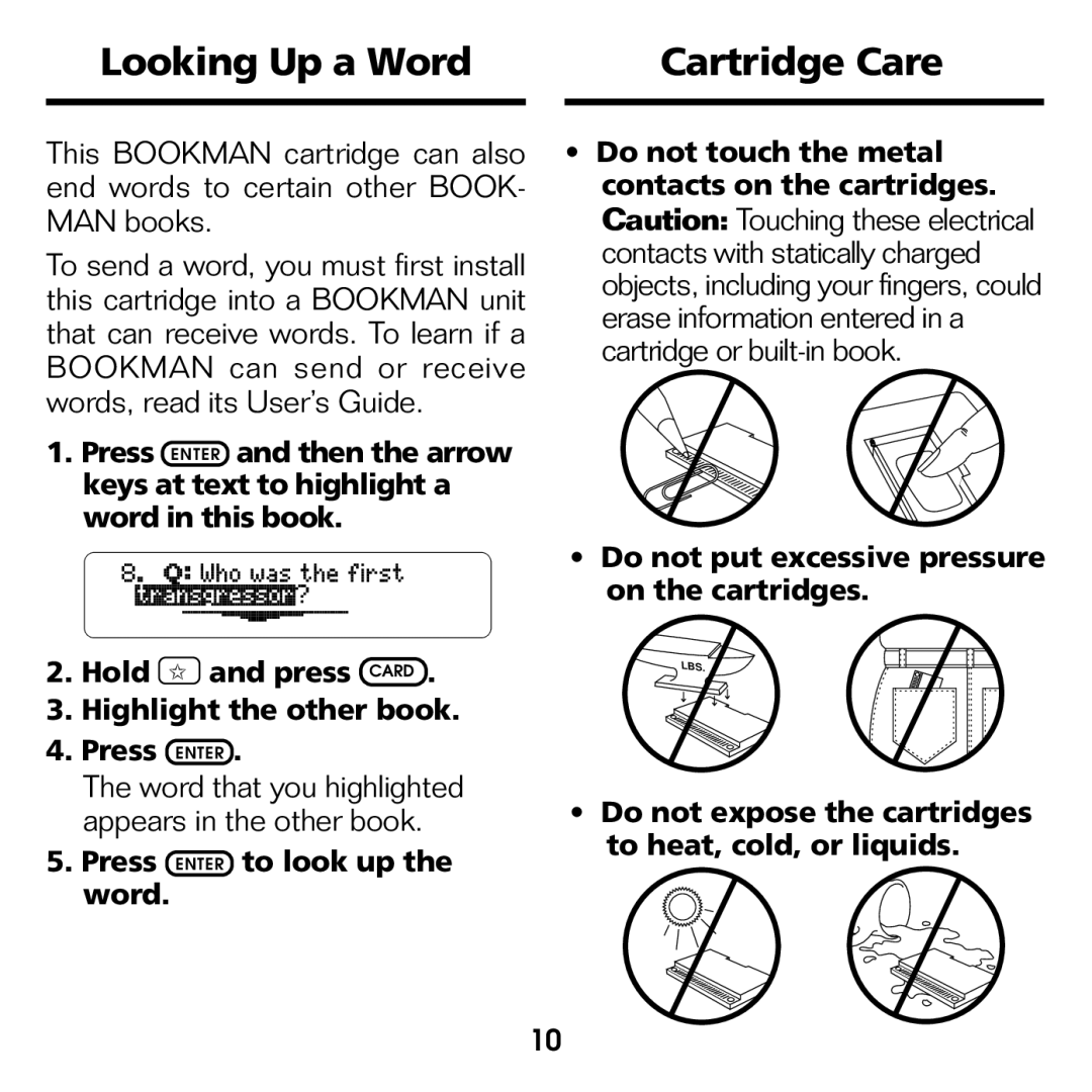 Franklin BQC-2021 manual Looking Up a Word Cartridge Care 