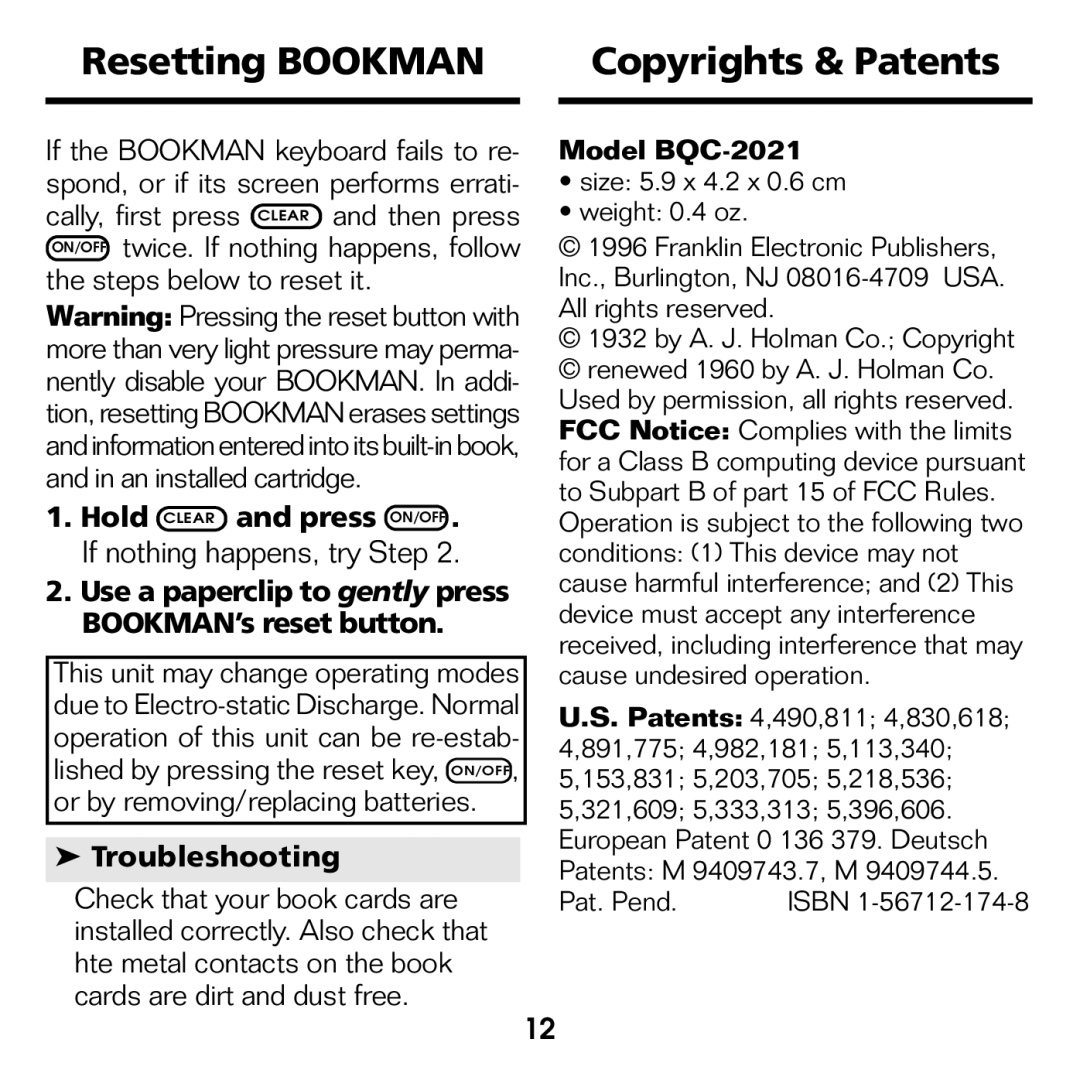 Franklin BQC-2021 manual Resetting Bookman Copyrights & Patents, Use a paperclip to gently press BOOKMAN’s reset button 