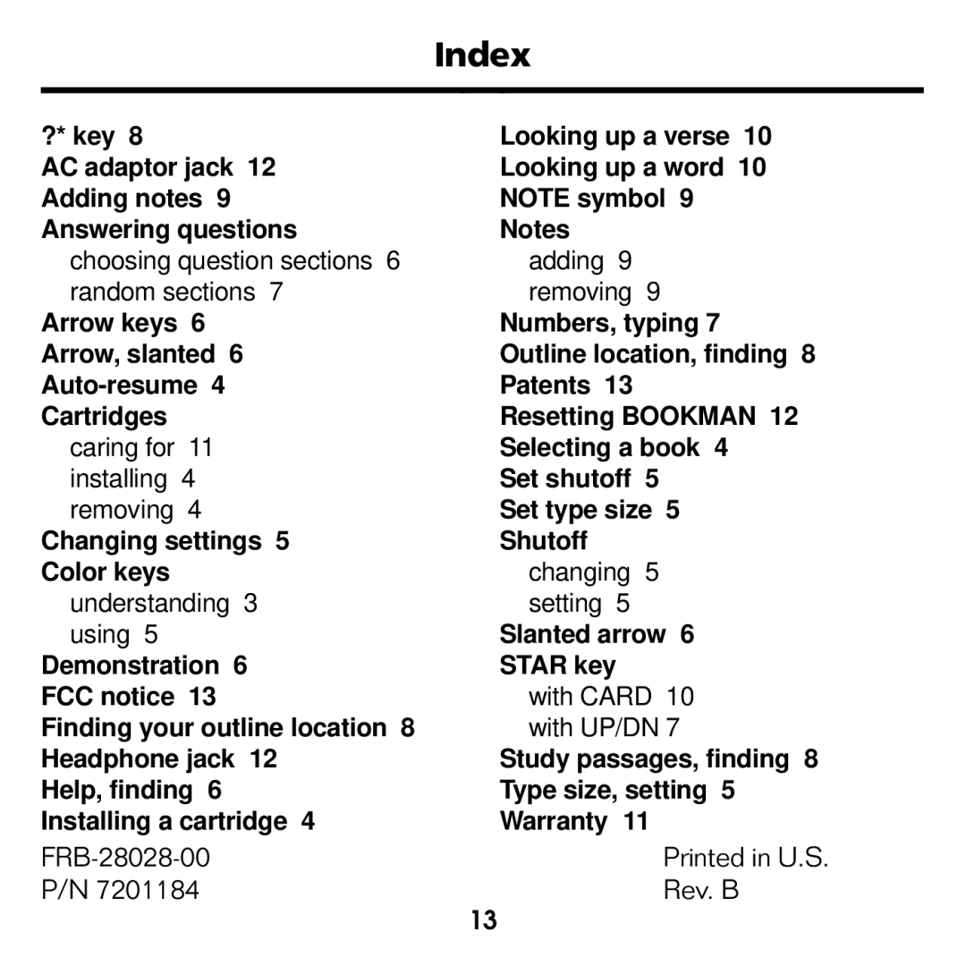 Franklin BQC-2021 manual Index 