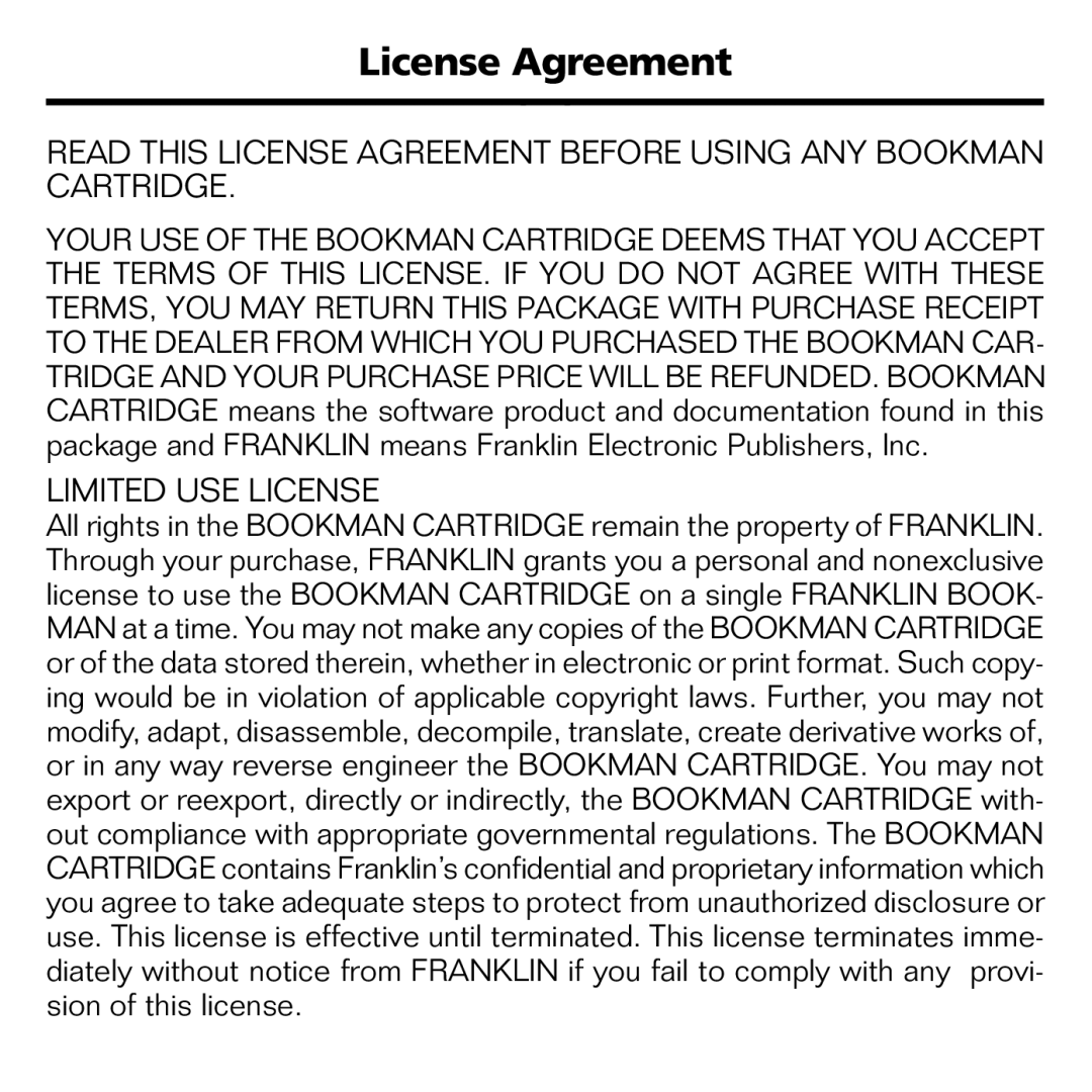 Franklin BQC-2021 manual License Agreement, Limited USE License 