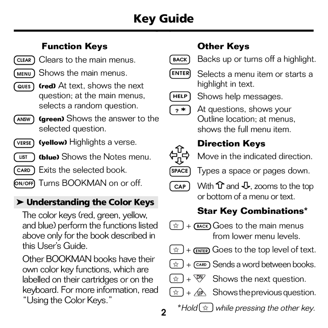 Franklin BQC-2021 manual Key Guide, Color keys red, green, yellow 