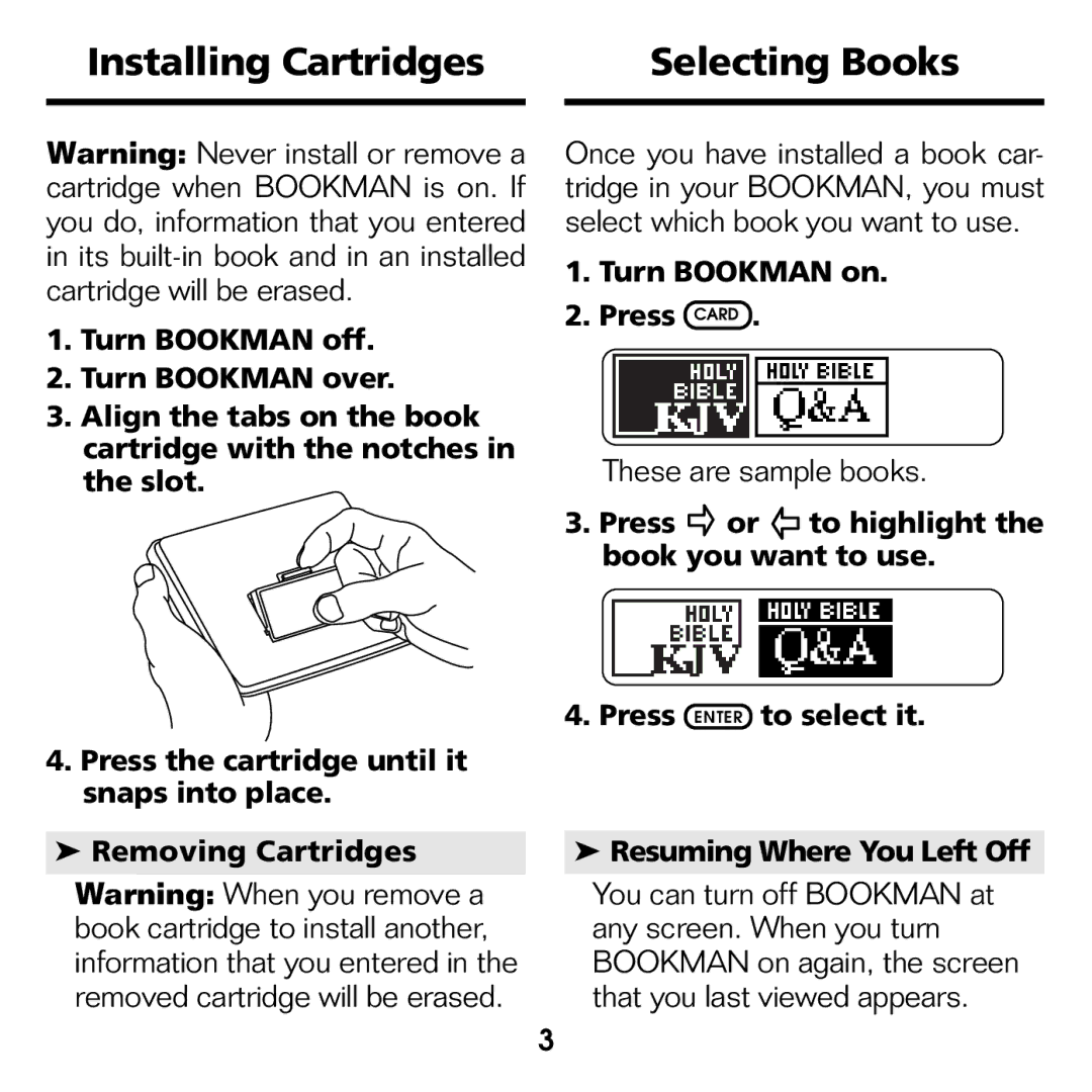 Franklin BQC-2021 manual Installing Cartridges Selecting Books, These are sample books, Turn Bookman on Press Card 