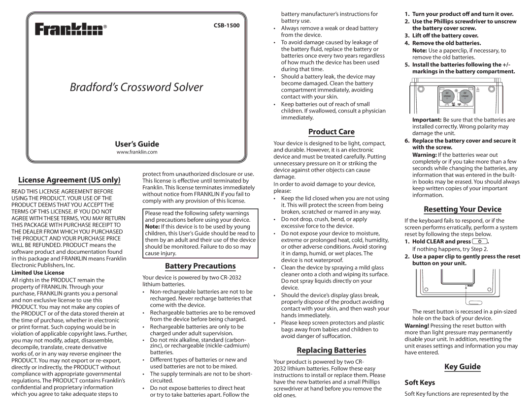 Franklin Bradford's Crossword Solver manual User’s Guide, Product Care, License Agreement US only, Battery Precautions 