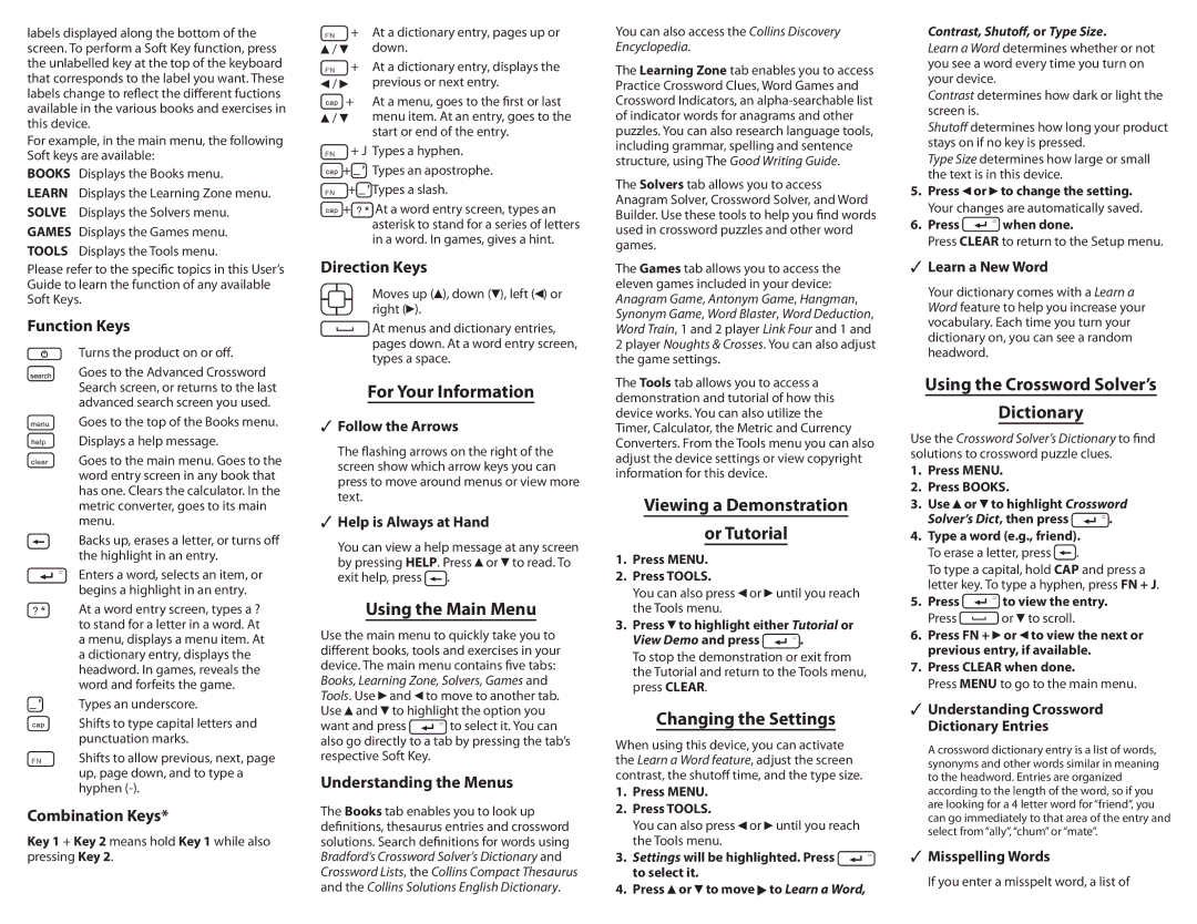 Franklin CSB-1500 For Your Information, Using the Main Menu, Viewing a Demonstration Or Tutorial, Changing the Settings 