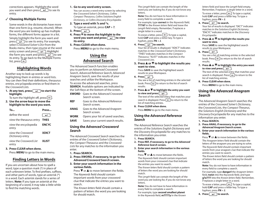 Franklin Bradford's Crossword Solver, CSB-1500 manual Highlighting Words, Finding Letters in Words, Using Advanced Search 