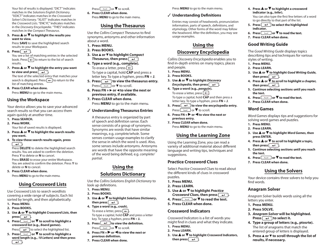 Franklin CSB-1500 Using Crossword Lists, Using the Thesaurus, Using Solutions Dictionary, Using Discovery Encyclopedia 