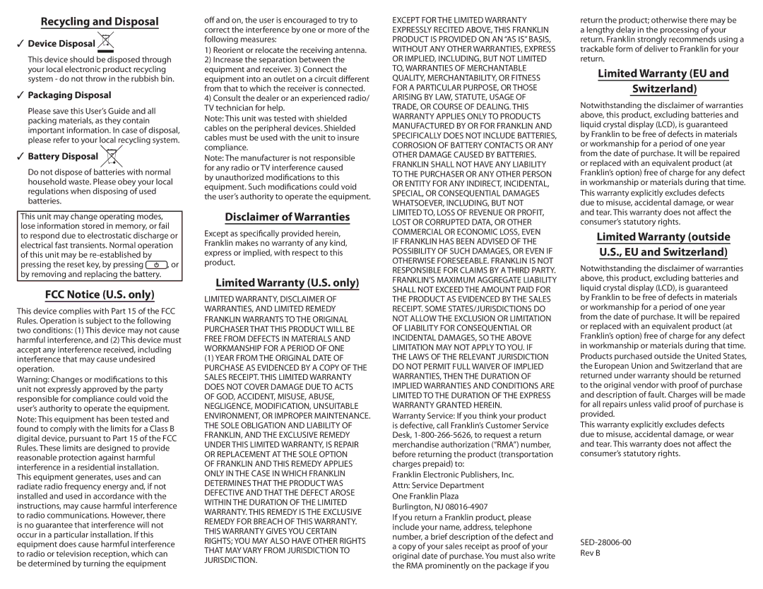 Franklin CSB-1500 manual Recycling and Disposal, FCC Notice U.S. only, Disclaimer of Warranties, Limited Warranty U.S. only 