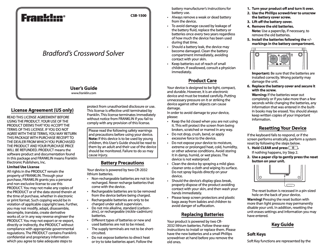 Franklin Bradford's Crossword Solver manual User’s Guide, Product Care, License Agreement US only, Battery Precautions 