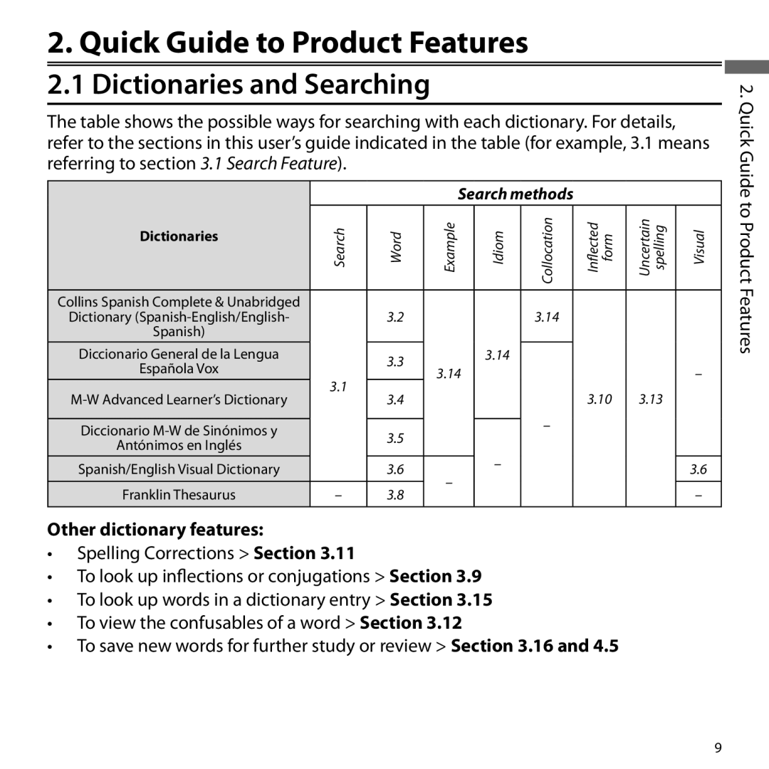 Franklin BSI-6300 manual Quick Guide to Product Features, Dictionaries and Searching, Other dictionary features 