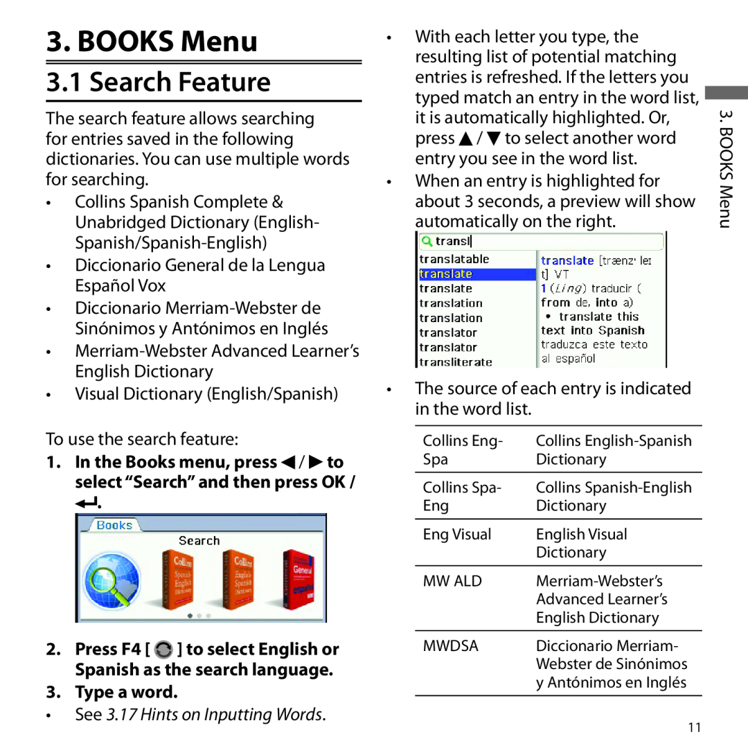 Franklin BSI-6300 BOOKS Menu, Search Feature, In the Books menu, press / to select “Search” and then press OK, Type a word 