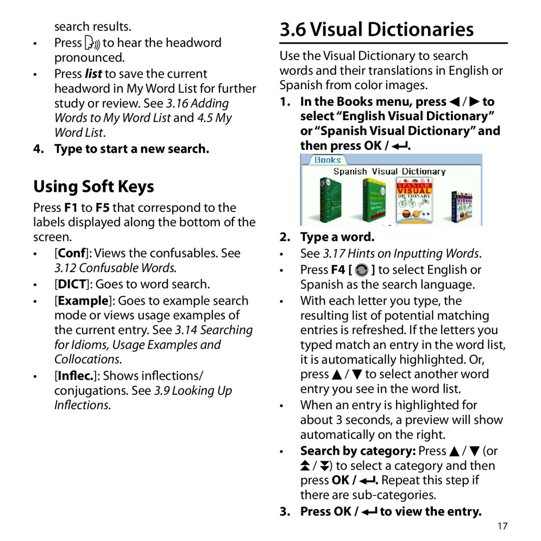 Franklin BSI-6300 manual Visual Dictionaries, Using Soft Keys, Type to start a new search, Type a word 