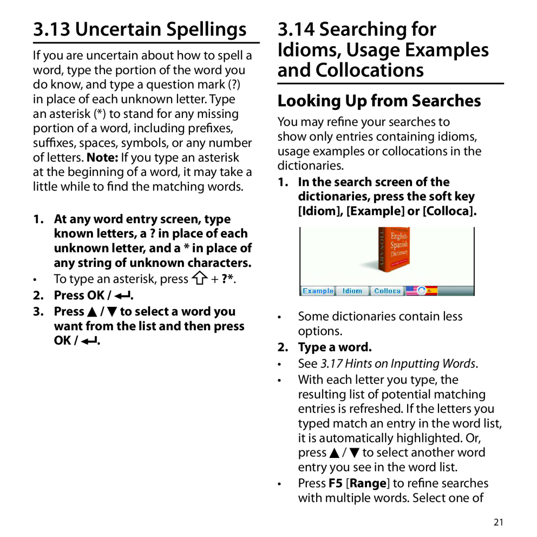 Franklin BSI-6300 Uncertain Spellings, Searching for Idioms, Usage Examples and Collocations, Looking Up from Searches 