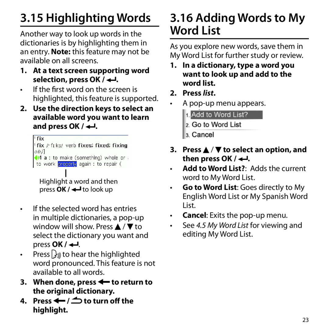 Franklin BSI-6300 Highlighting Words, Adding Words to My Word List, At a text screen supporting word selection, press OK 
