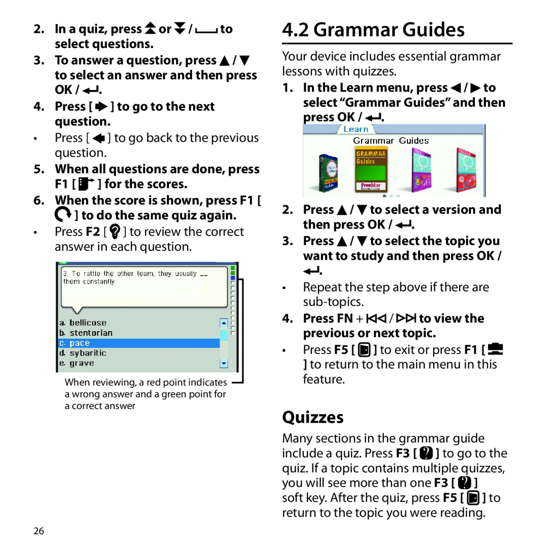 Franklin Gran Maestro Color Speaking Spanish-English Grammar Guides, In a quiz, press or / to select questions, Quizzes 