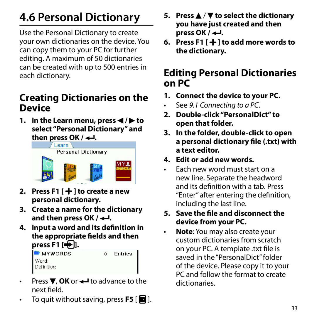 Franklin BSI-6300 manual Personal Dictionary, Creating Dictionaries on the Device, Editing Personal Dictionaries on PC 