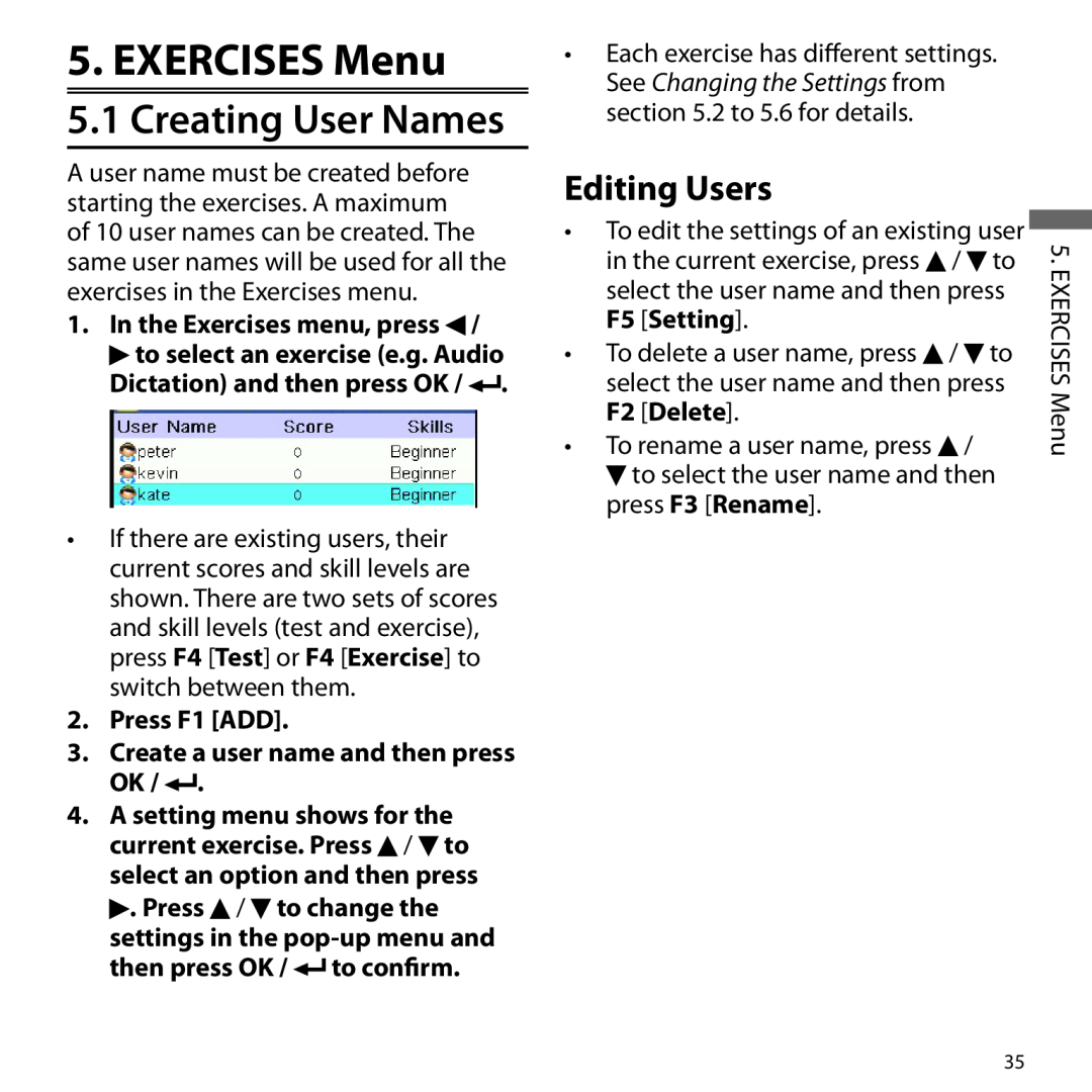 Franklin BSI-6300 EXERCISES Menu, Creating User Names, Editing Users, Press F1 ADD 3. Create a user name and then press OK 